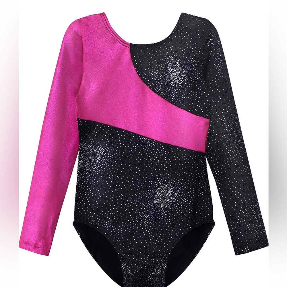 Girls Long Sleeve Pink & Black & Silver Polka Dots Leotard gymnastics Size 130